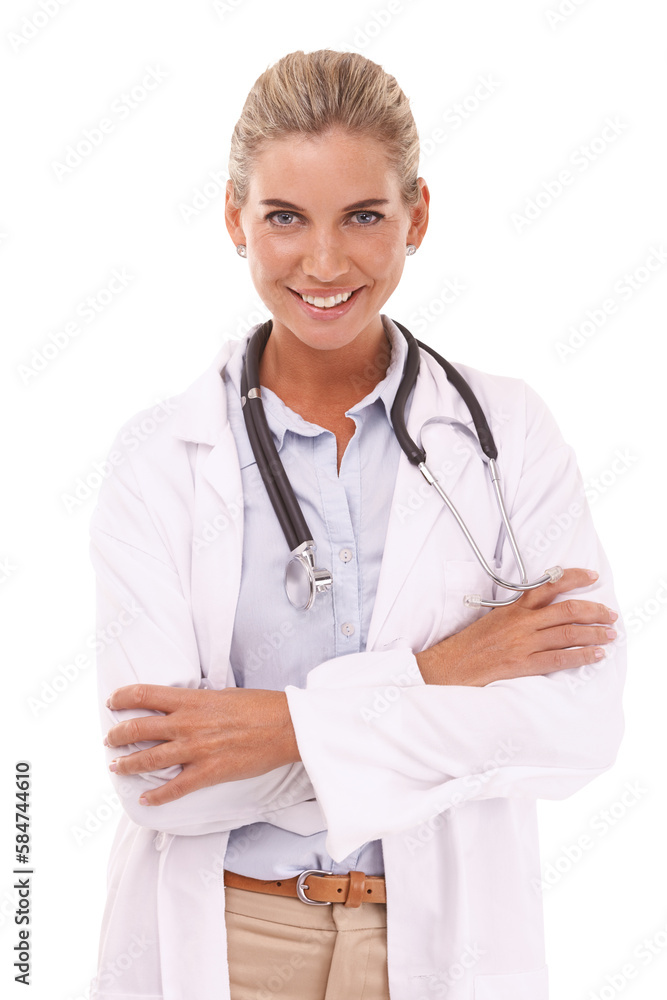 Portrait, doctor and woman with arms crossed on an isolated, transparent png background. Face, healt