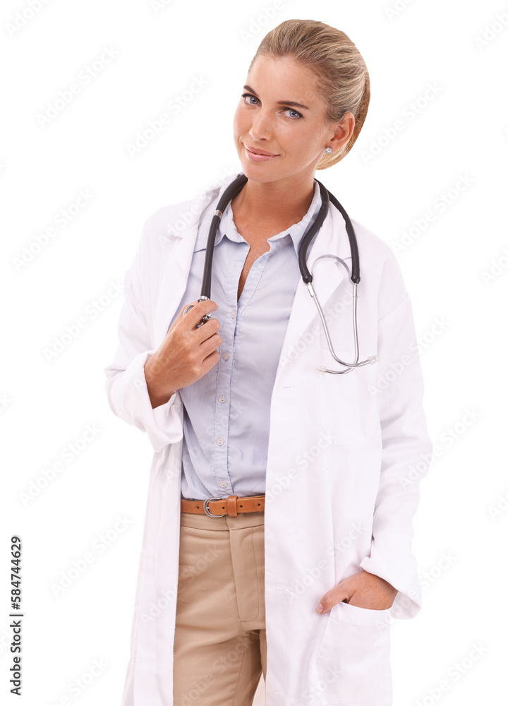 Doctor, healthcare and portrait of woman on an isolated and transparent png background. Face, wellne