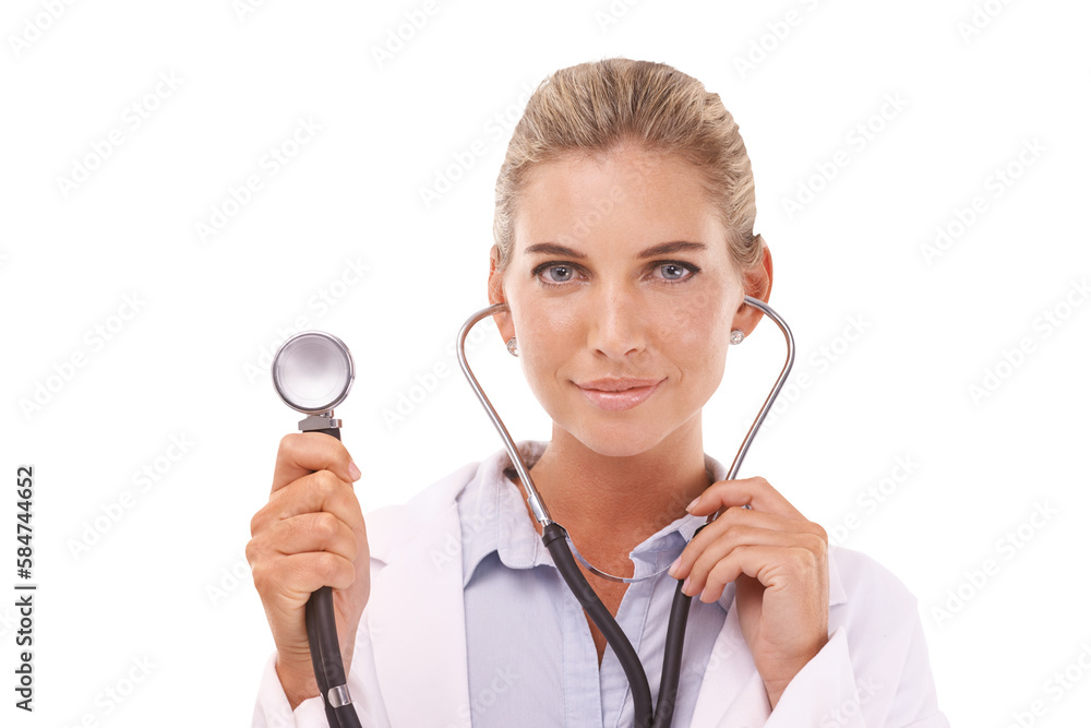 Face, healthcare doctor and woman with stethoscope on an isolated and transparent png background. Po