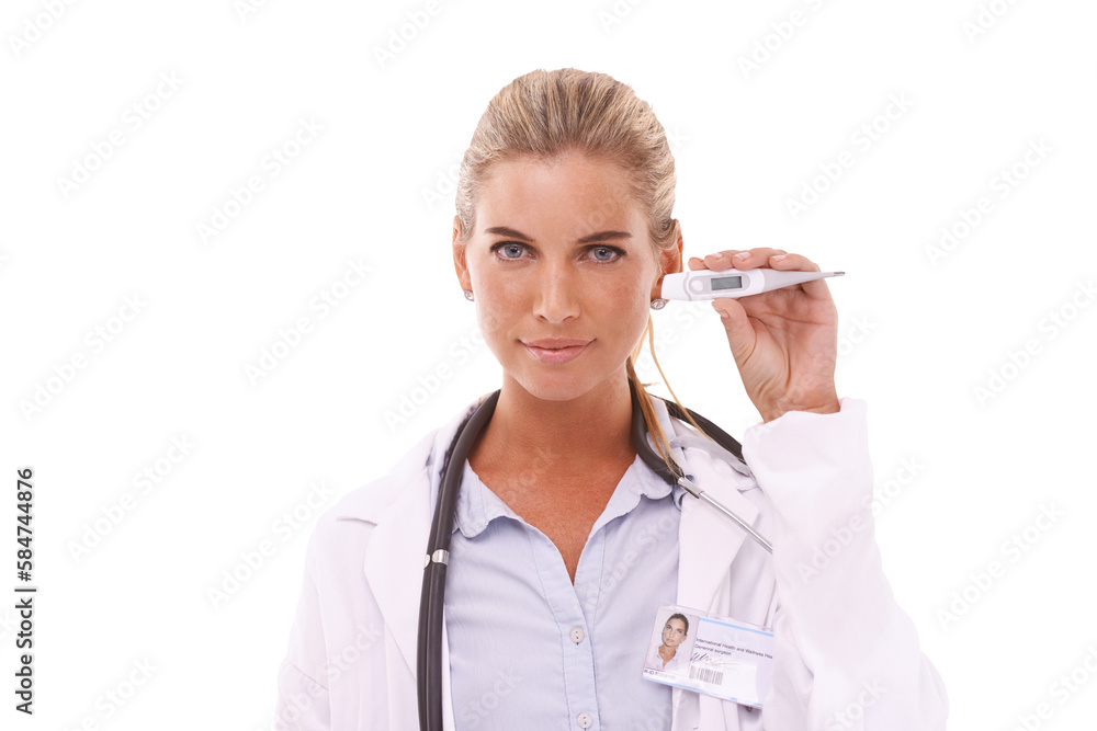 Portrait, healthcare and thermometer with a doctor woman for consulting. Hospital, medical and fever