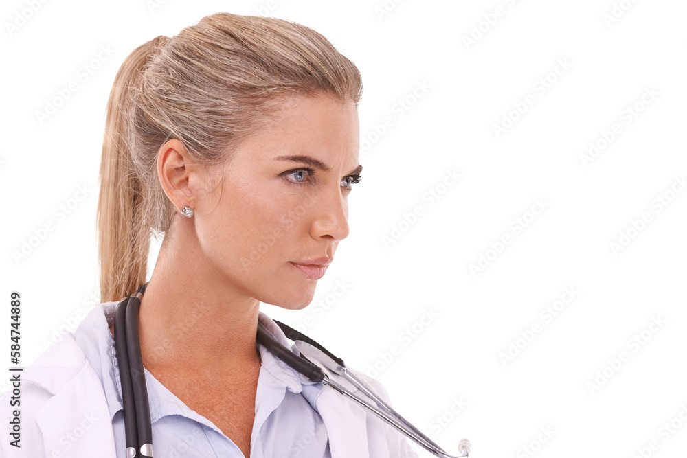 Doctor, serious face and thinking of healthcare wellness or professional medical care on an isolated