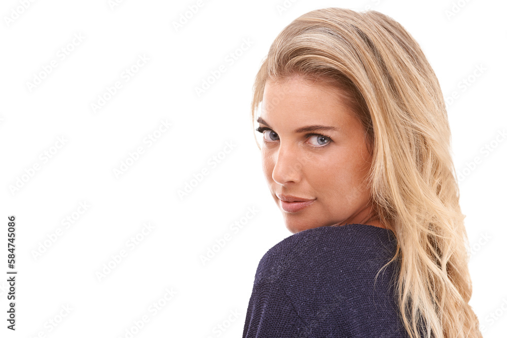 Portrait, face and beauty with a serious woman on a white background looking back over shoulder. Hea