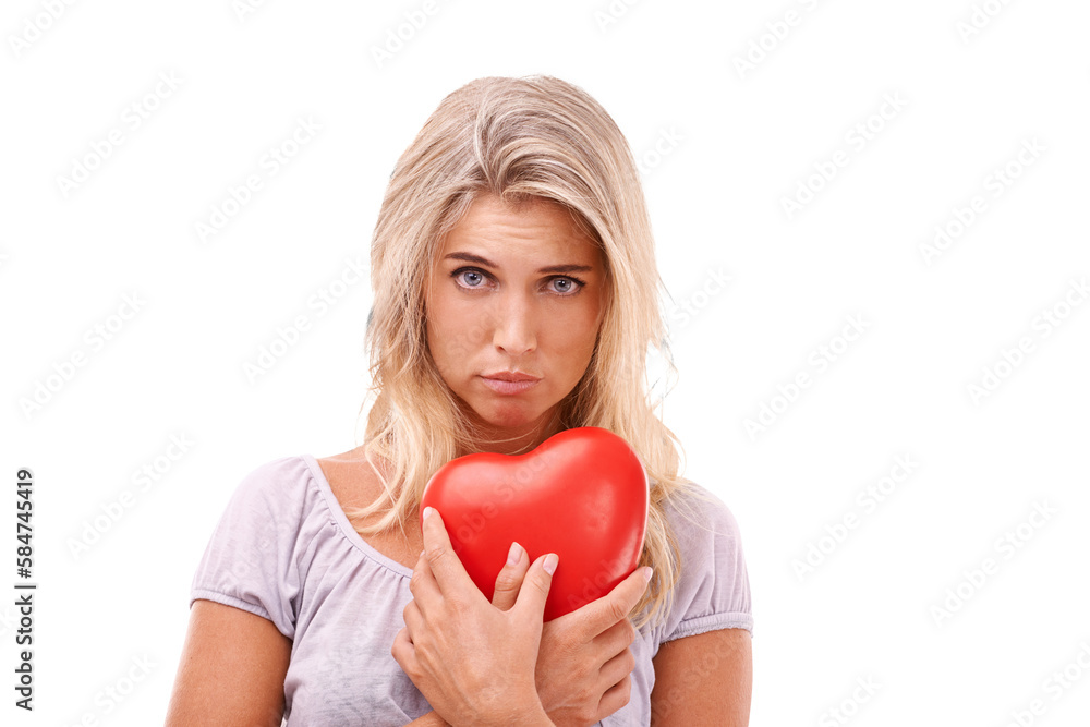 Heart, love and portrait of sad woman with red object, romantic product or emoji icon for Valentines