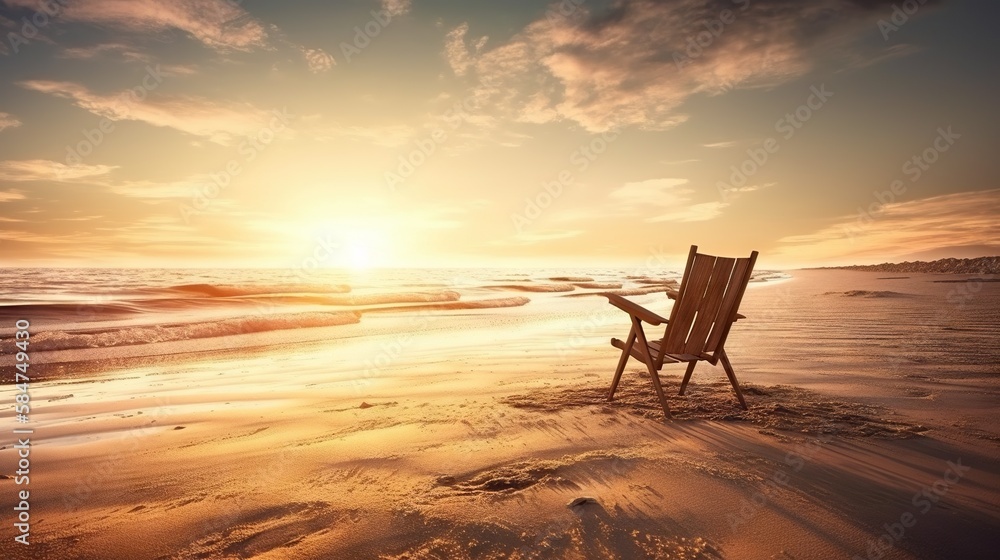 Beach chair and umbrella on beautiful beach. Sunset over ocean. Travel paradise concept. Generative 