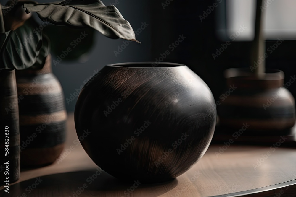 black wooden vase on white. Modern bohemian tropical interior design details. Generative AI