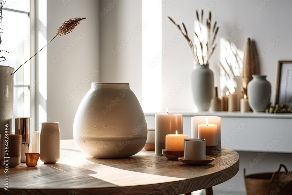 Modern minimalist Nordic decor. Candles, ceramic vase, and beautiful home décor stand on a wooden co