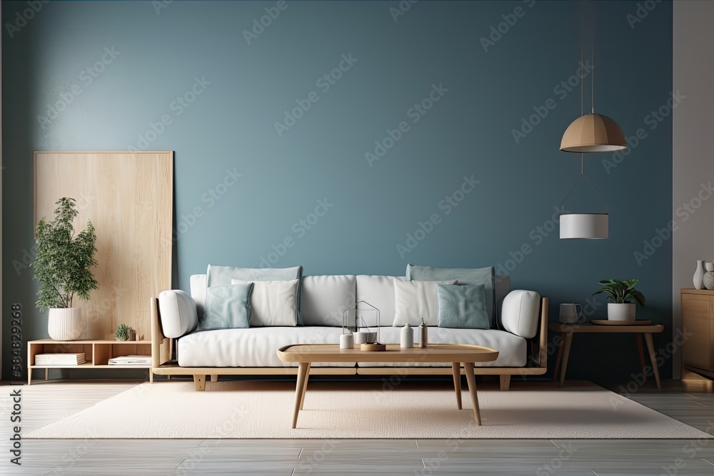 Living room interior wall mockup in warm neutrals with low sofa,modern pleasant style decorating on 