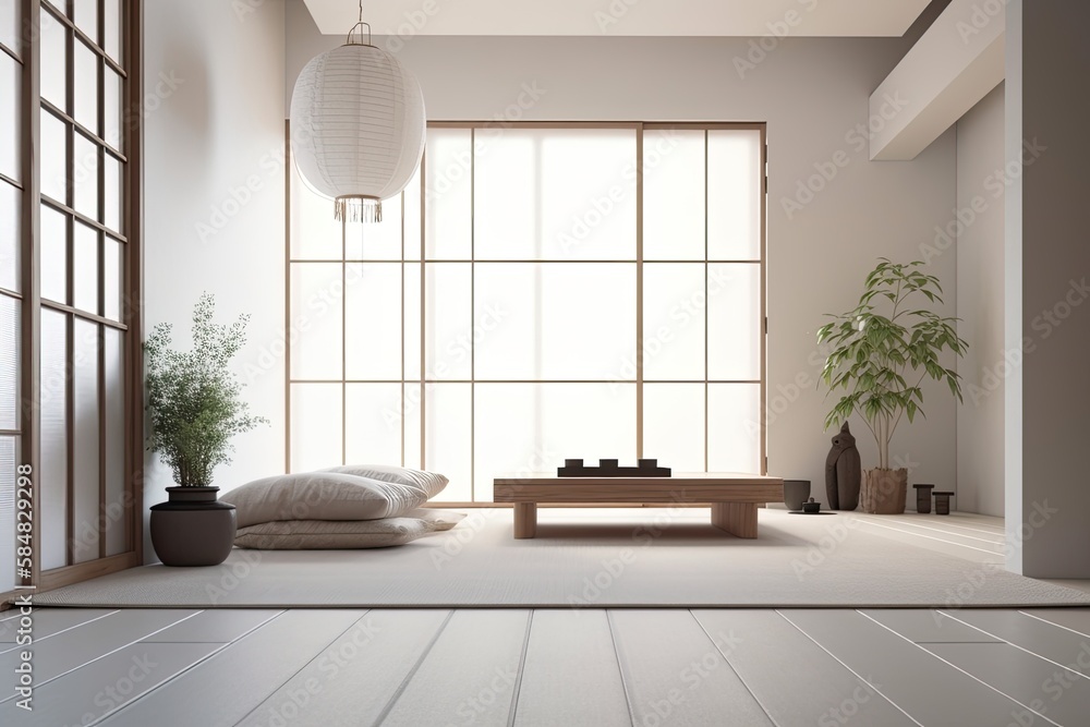 Empty room—Japanese minimalist interior design. Generative AI