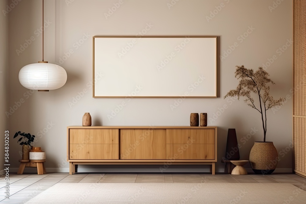 Japanese home room, blurred backdrop. Hardwood dresser with frame prototype. Marmoleum. Modern decor