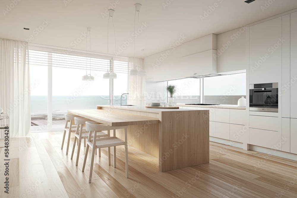 Modern white kitchen with bleached wood island. Curtained panoramic window and parquet floor. Modern