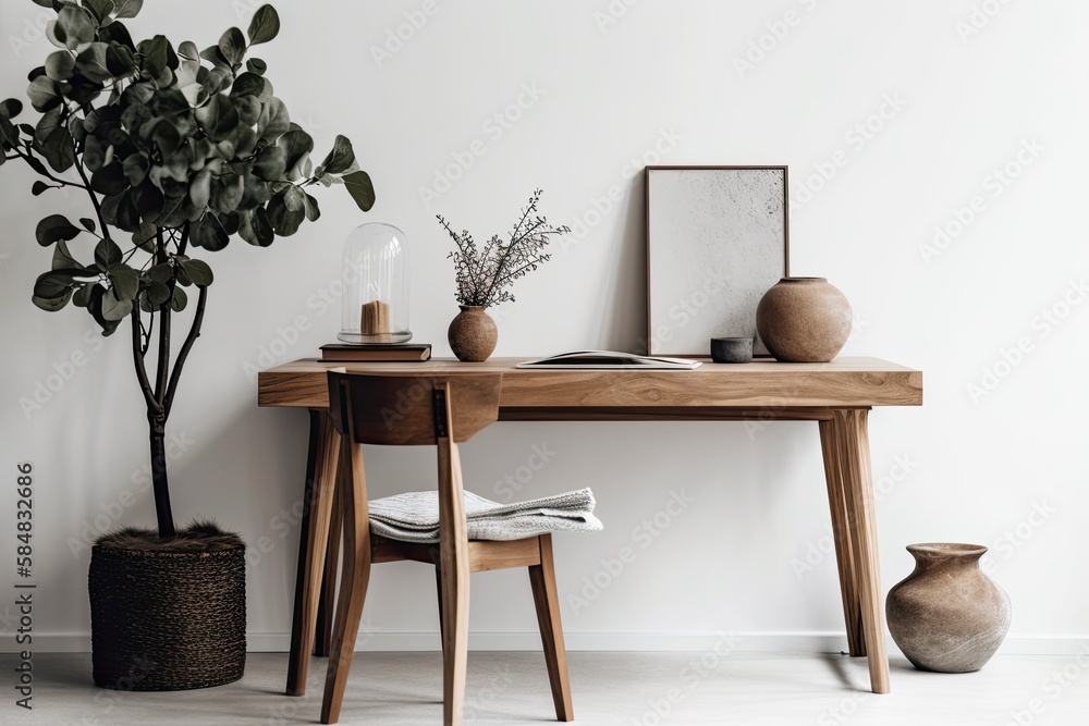 Empty home desk. A wooden table with a vase and plant against a white background in a living room. E