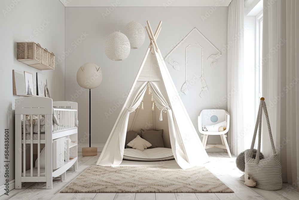 White modern kids room with tent and cradle. Generative AI