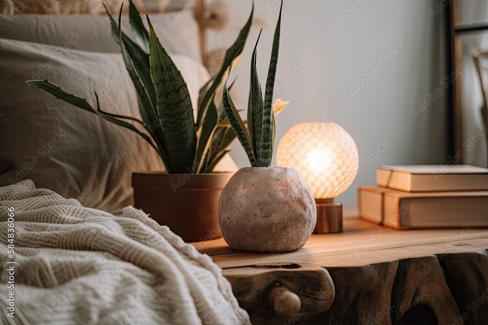 Salt lamp on wooden bedside table with snake plant and bohemian décor in white Scandinavian room. Re