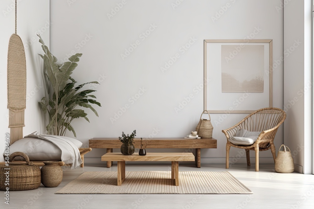 Blank wall mockup in house interior backdrop, white room with natural wooden furnishings,. Generativ