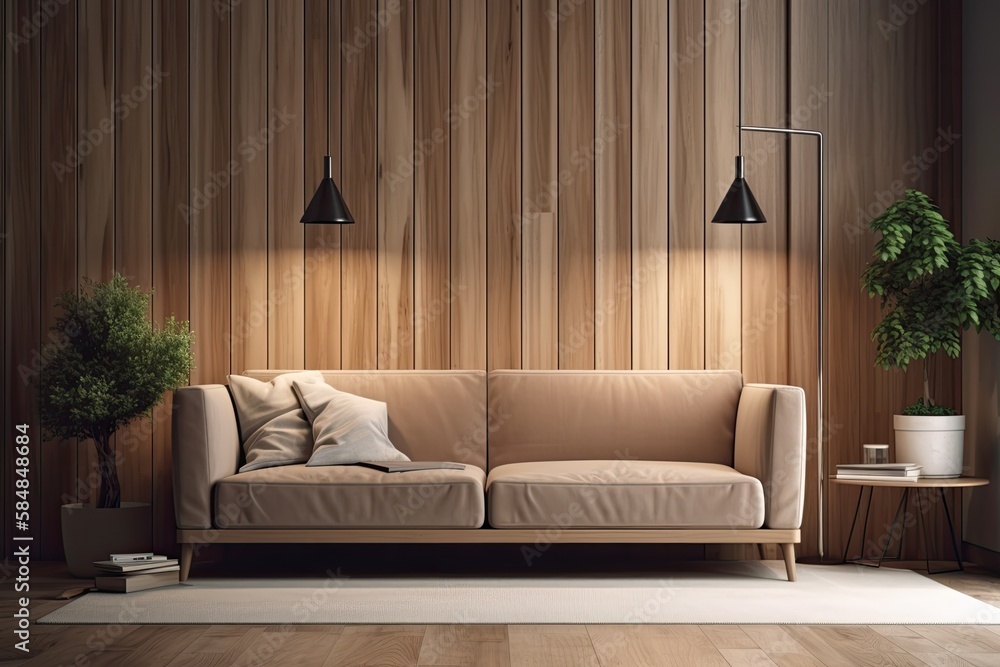 Modern living room sofa behind wooden wall. Generative AI