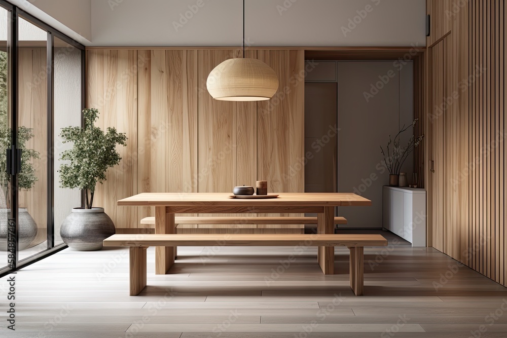 Japanese eating room with wooden minimalism table, architect interior designer idea. Wall mockup. Mi