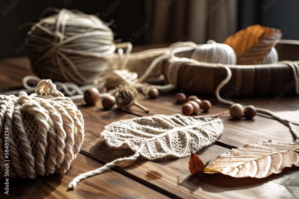 Natural macrame leaf and thread windings on a hardwood table. Decorate with cotton rope macrame. hob