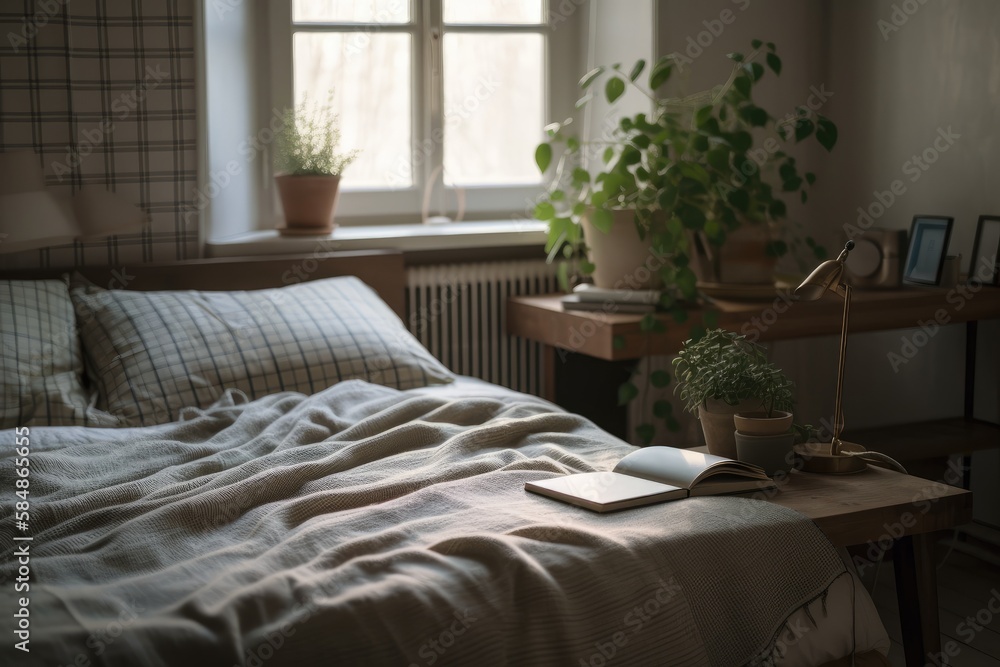 Bedroom with green plaid, books, and plant on chair. Vintage home décor. Generative AI