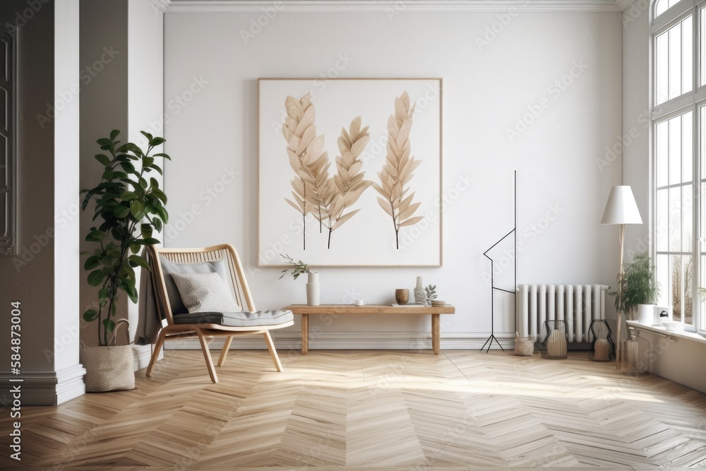 Parquet flooring, Scandi Boho design, modern vacant house. Generative AI