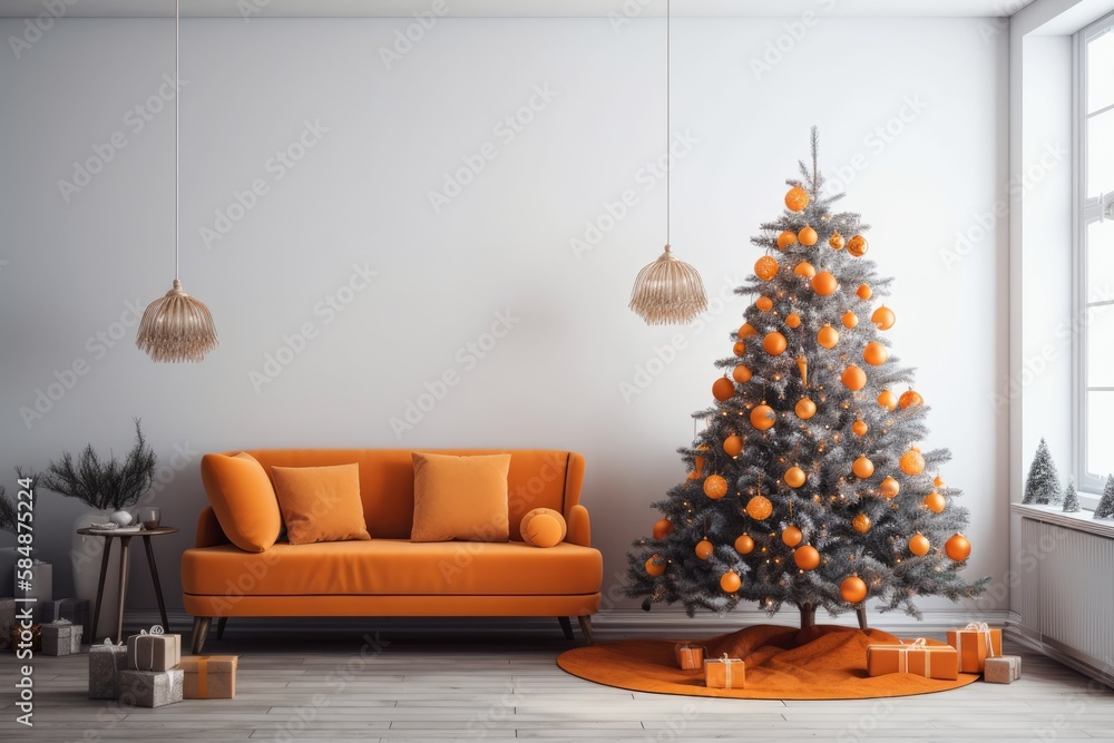 Lounge Scandinavian Christmas decor. Gift boxed Christmas tree. Orange couch on bright wall mockup. 