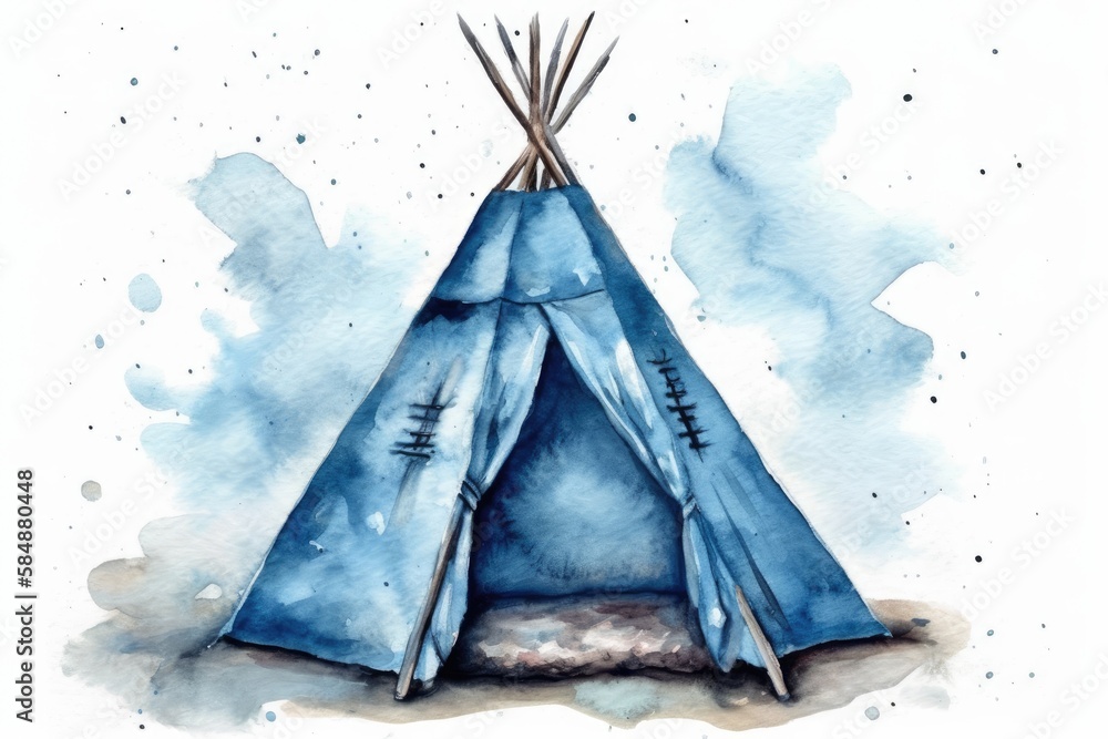 Pillowed watercolor blue wigwam. Hand drawn artwork isolated on white. Generative AI