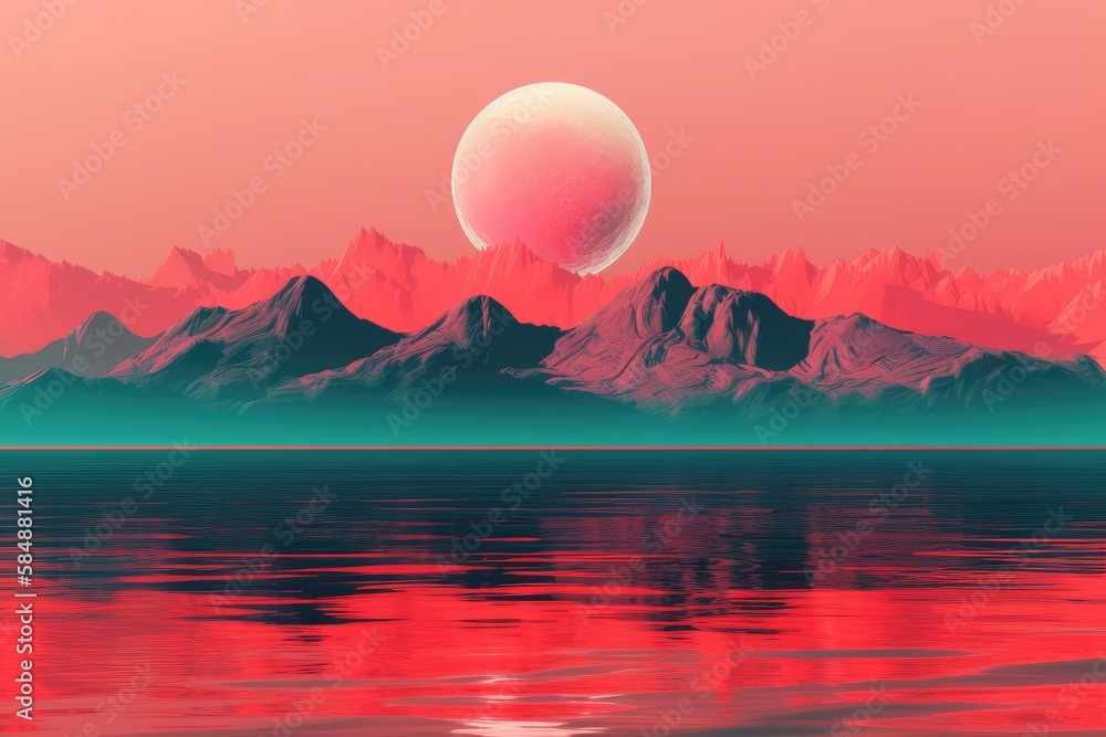 Gorgeous natural scenery pink ocean mountains and red moon, simple art landscape, mountain wall art,