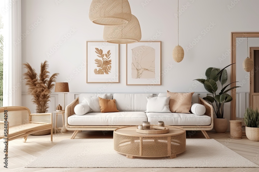 Mockup frame in interior backdrop, bright pastel living room, Scandinavian Boho style,. Generative A