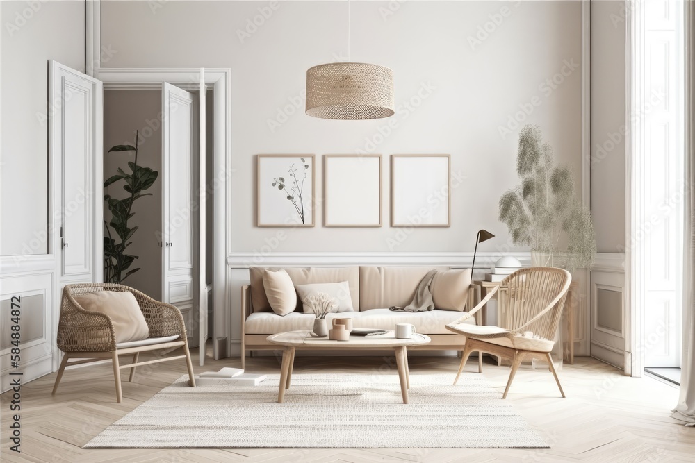 Mockup frame in interior background, soft pastel room, Scandinavian style,. Generative AI