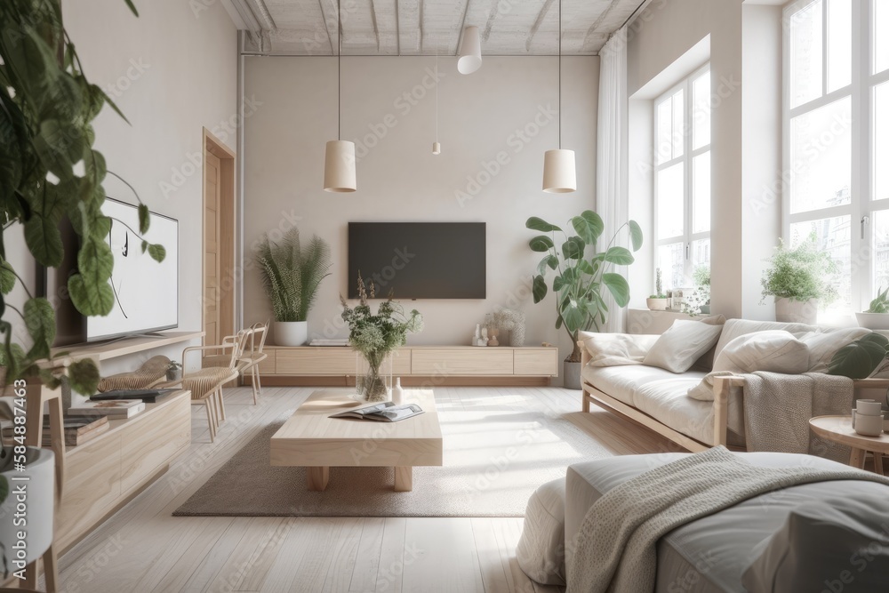 Scandinavian minimalism. Bright studio living room. Comfortable design, panoramic windows, huge modu