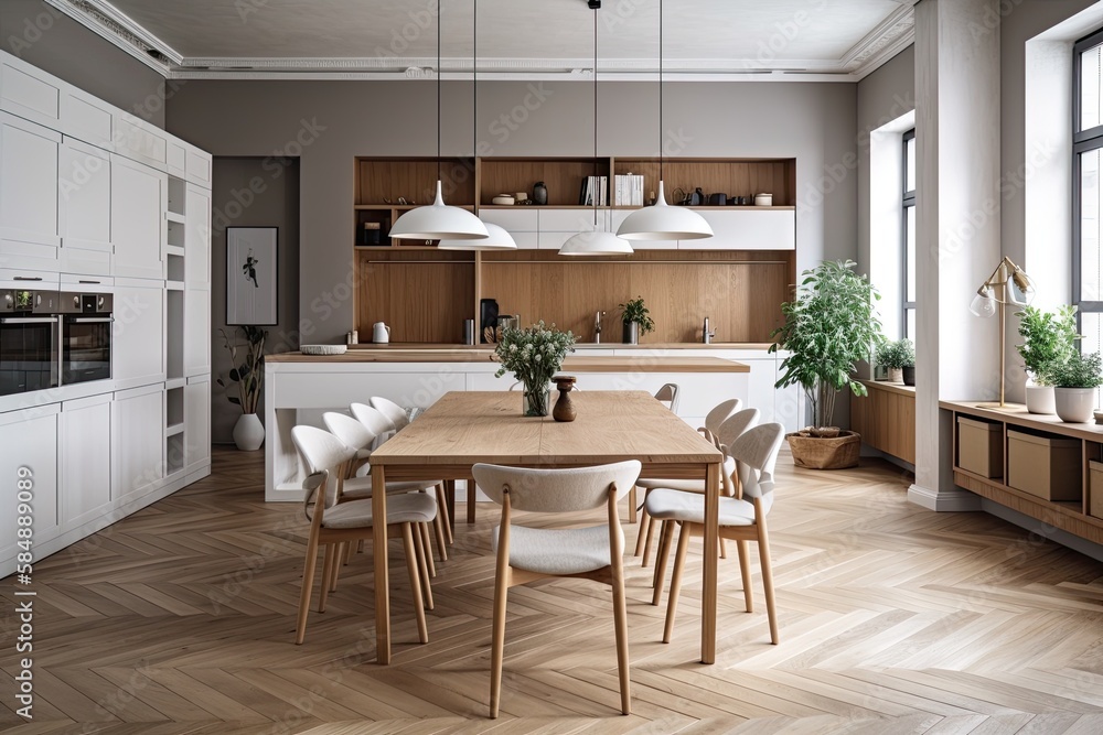 White wood dining and kitchen. Island, table, seats, parquet floor. Modern decor,. Generative AI