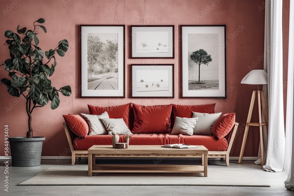 Red framed wooden living room. Venetian shades, fabric sofa, cushions. Farmhouse decor,. Generative 