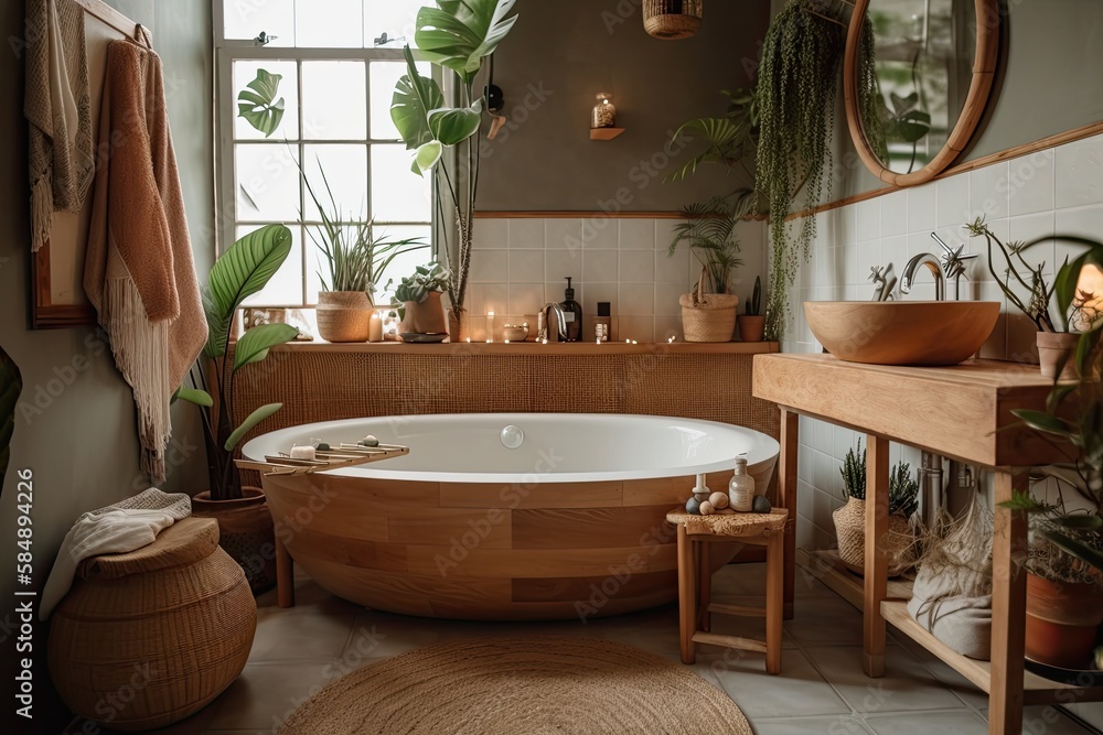 Boho. Vertical image of contemporary comfy bathtub and wooden shelf with beauty goods in warm boho c