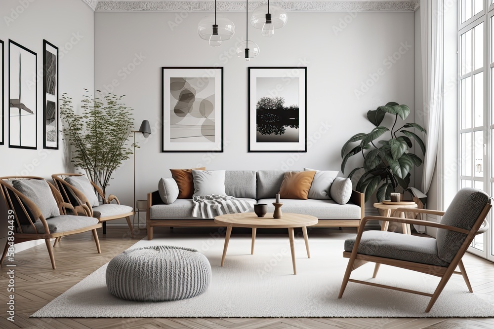 Contemporary minimalism, Scandinavian style, living room decor, vacant wall,. Generative AI