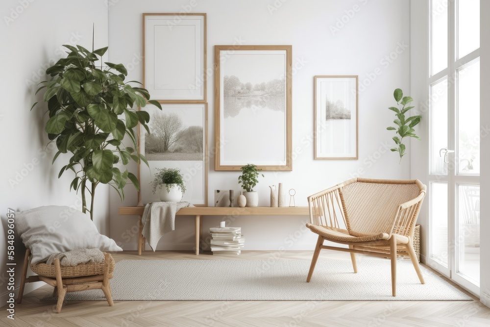 Mock up frame in white room with natural wood furnishings,. Generative AI