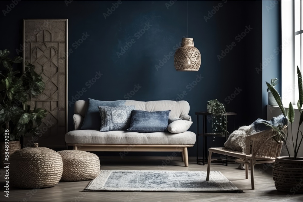 Boho minimal, Nordic, and simple living room. Couch with white and blue cushions, old armchair on fl