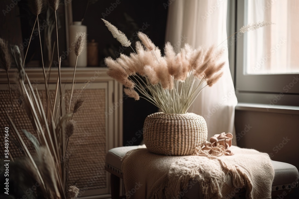 Luxury bohemian flowers. Beautiful soft rabbittail grass stalks bouquet in ginger clay pot on rattan