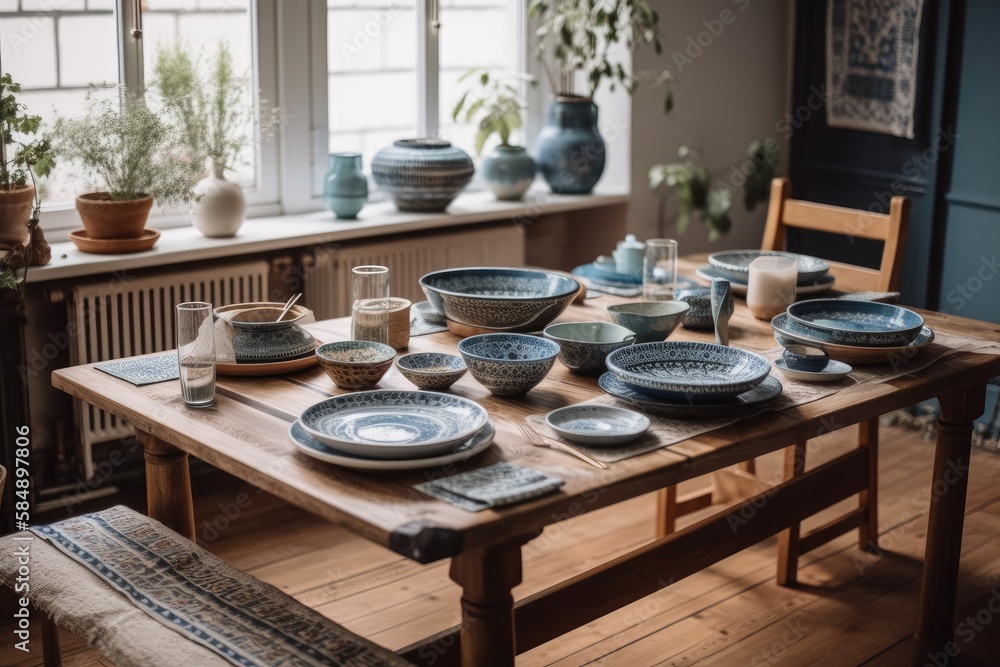 Wooden rustic dining table with white and blue tableware. Potted plants, jute carpet. Scandinavian b