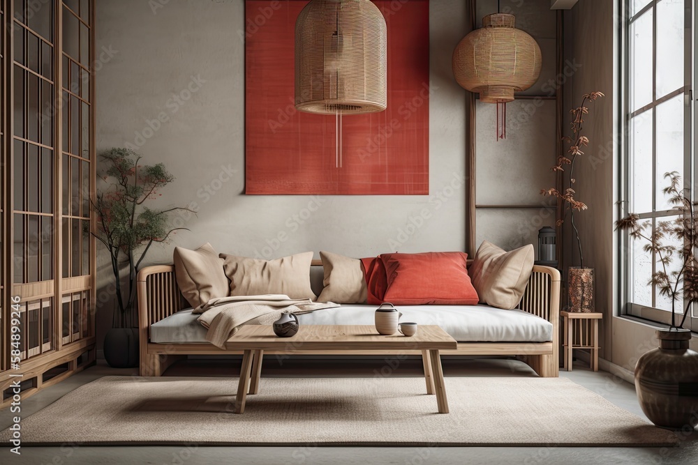 Japandi living room with plaster wall. Macrame wall art and minimalist fabric couch. Wabi sabi decor