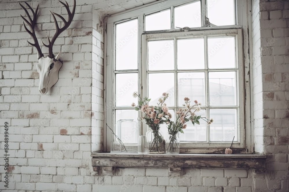 Flower adorned antlers on a white brick wall near the window. Decor, antique, contemporary, loft. Ge