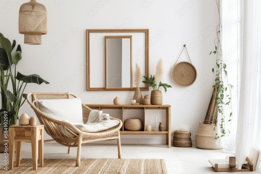 Scandi Boho mockup frame in white room with natural wooden furnishings. Generative AI