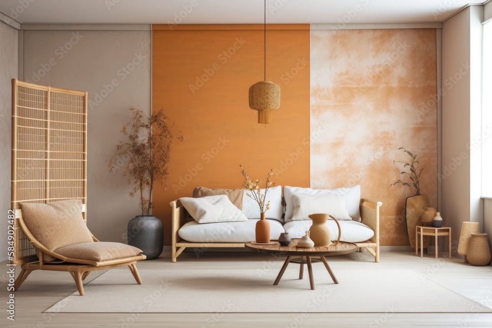 White and orange Japanese living room with copy space. Sofa and hanging chair. Wabi sabi decor,. Gen