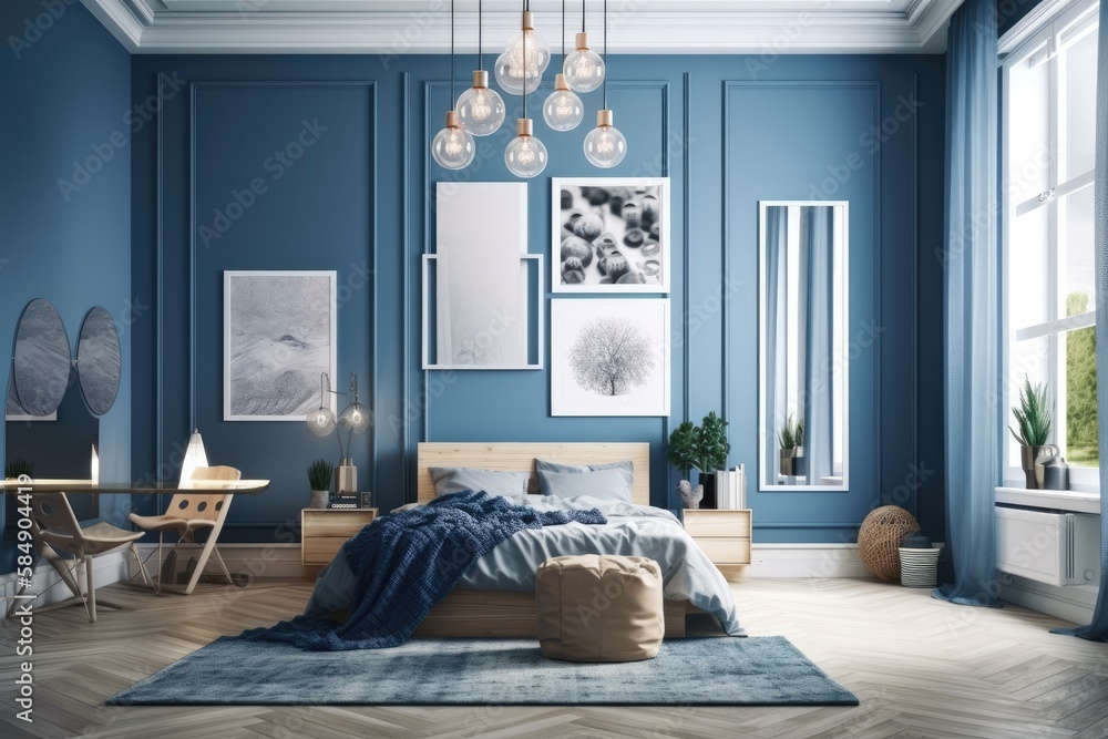 Blue Scandinavian bedroom with brilliant vertical frames, poster mockup on boho wall backdrop,. Gene