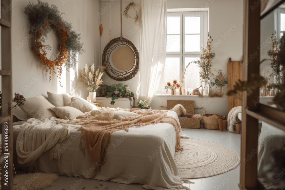 White boho bedroom with dry floral bouquets and wreath. Generative AI