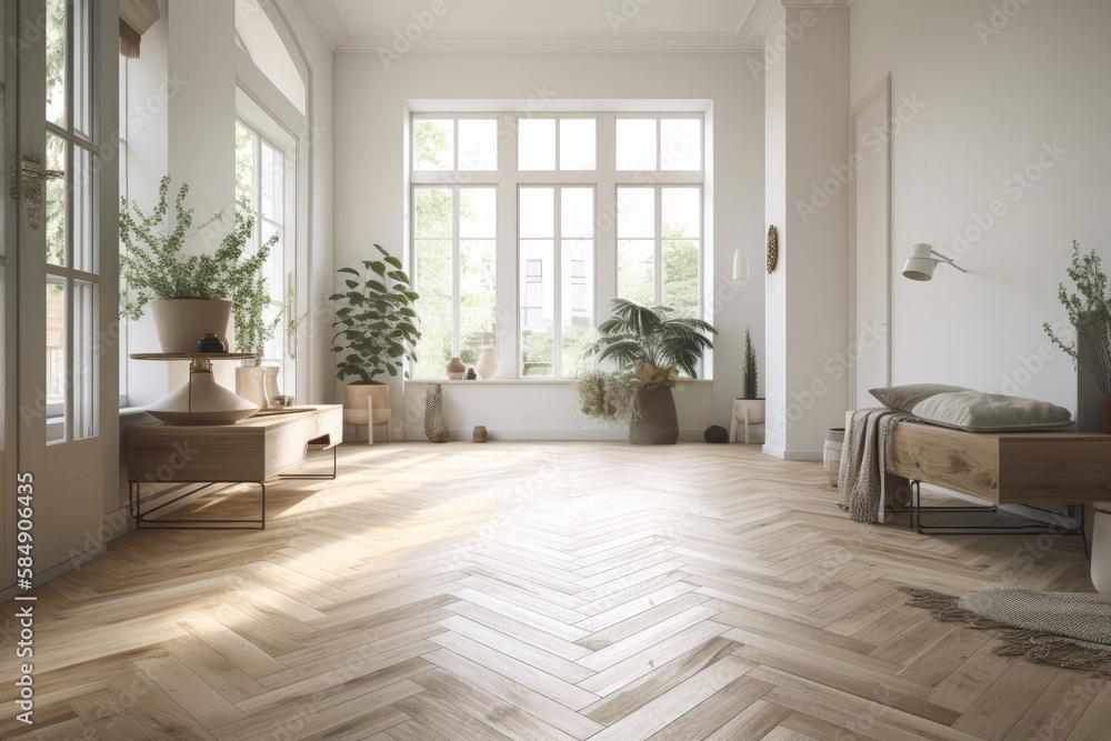 Parquet flooring, Scandi Boho design, modern vacant house. Generative AI