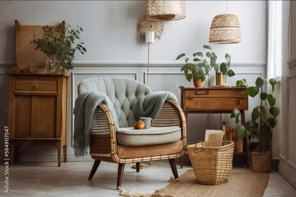 Vintage armchair and light apartment décor. Wicker baskets, crocheted cushions, living room. Generat