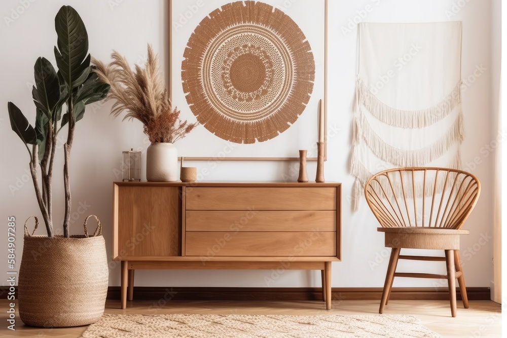 Boho living room with brown mock up poster frame, stylish decorations, flowers in vase, wooden shelf