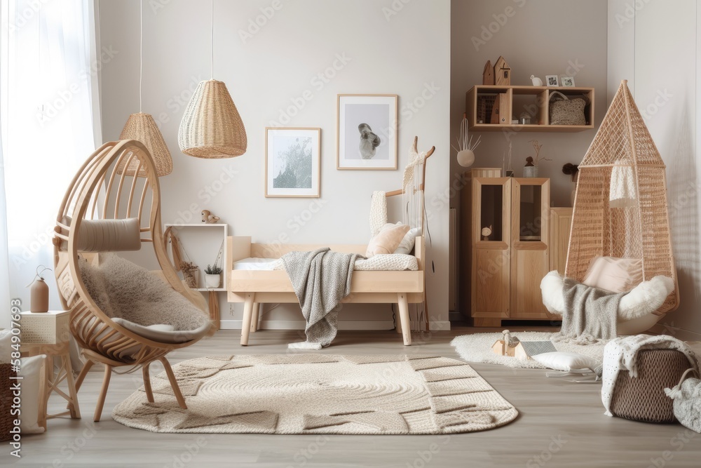 Contemporary kid room with beautiful furniture and accessories. Generative AI