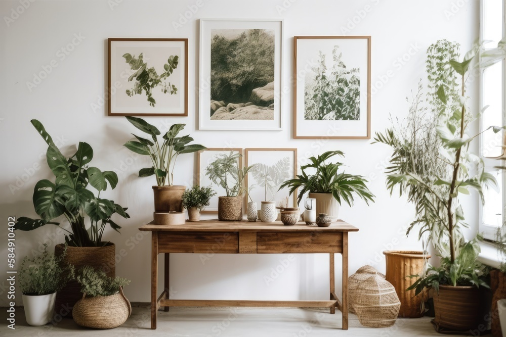 Green houseplants in flower pot and antique botanical image in frame on minimalistic white table. Ha