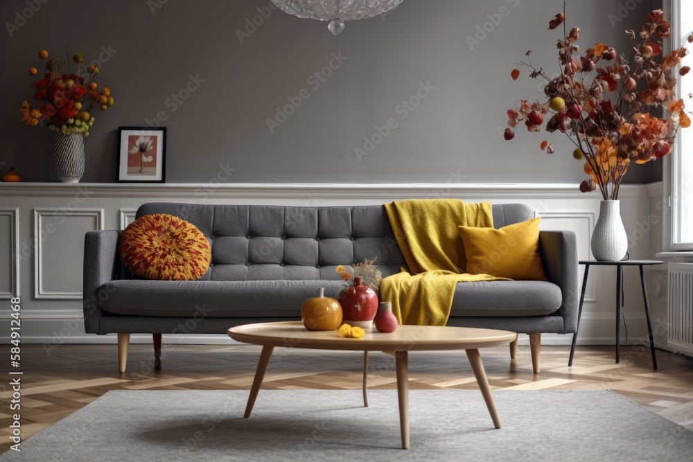 Danish minimalist living room with grey couch with yellow and red accents. Fall decorating. Generati