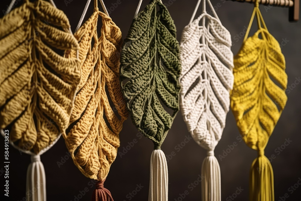 Yellow, white, green, and natural macrame leaves wall hanging on wooden pole. Decorate with cotton r